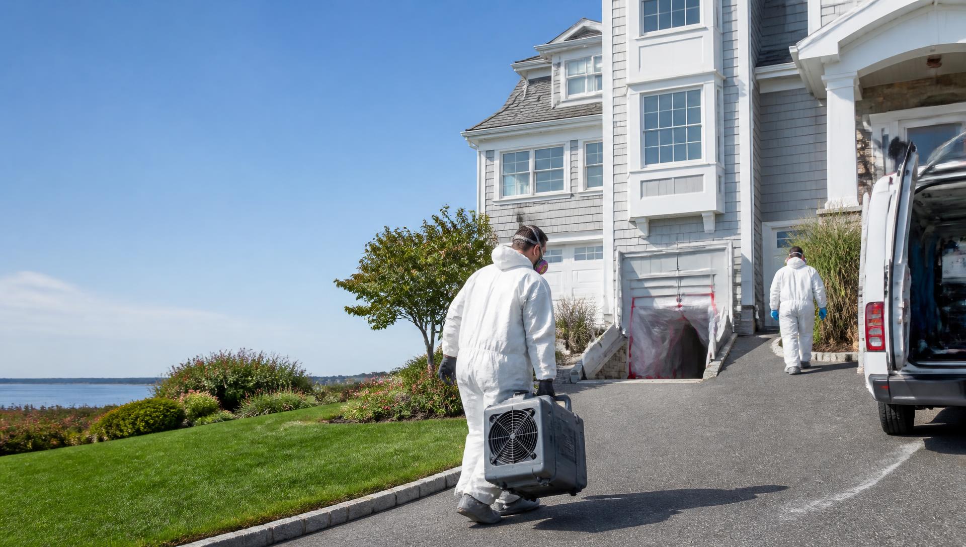 Mold remediation technicians in protective suits carrying an air scrubber into a large shore home on a clear day