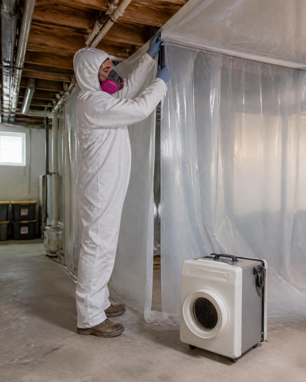 Technician setting up plastic containment and a HEPA air scrubber in a basement